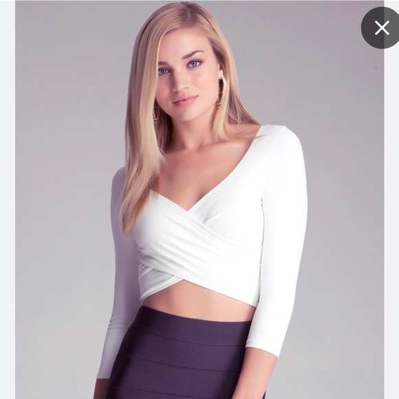 BEBE 3/4 Sleeve Wrap Crop Top - Picture 1 of 11